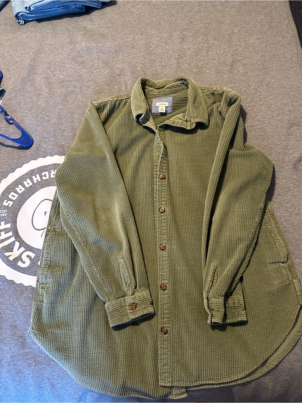 L.L.Bean Olive Green Corduroy Shirt with Chambray Collar Trim
